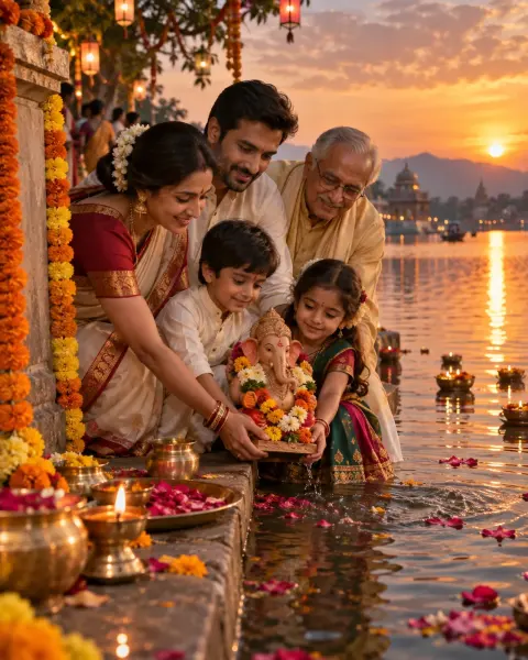 Golden Ganesh Visarjan At Sunset