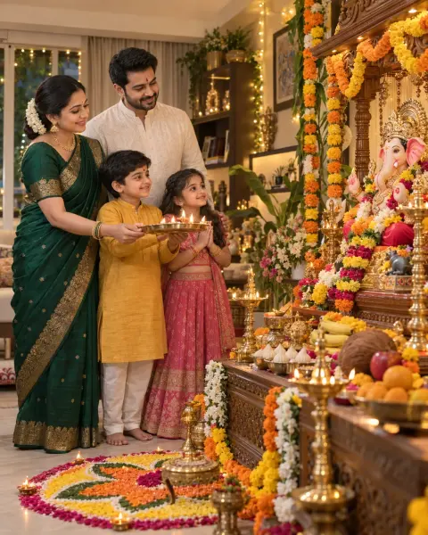 Family Aarti Before Ganesha