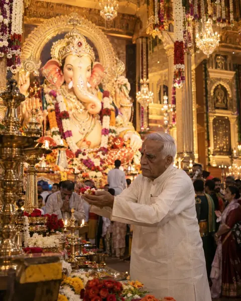 Elderly Devotee Offering Flowers To Ganesha