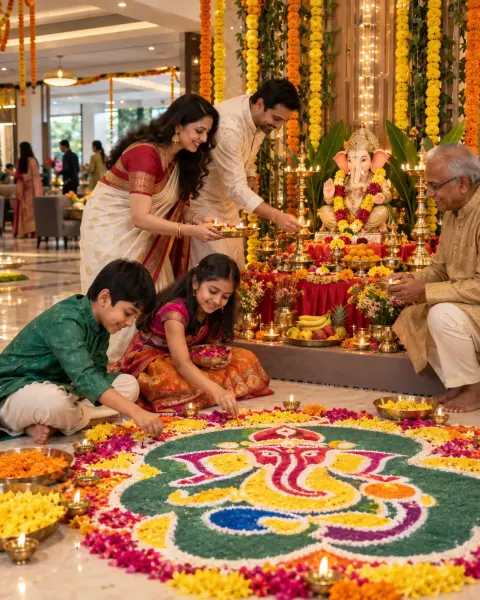 Family Creating A Ganesha Rangoli