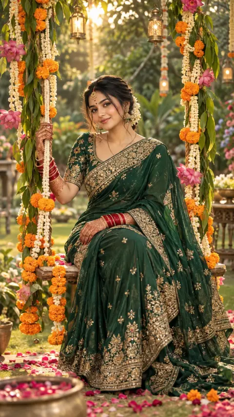 Teej Green Saree Swing Portrait