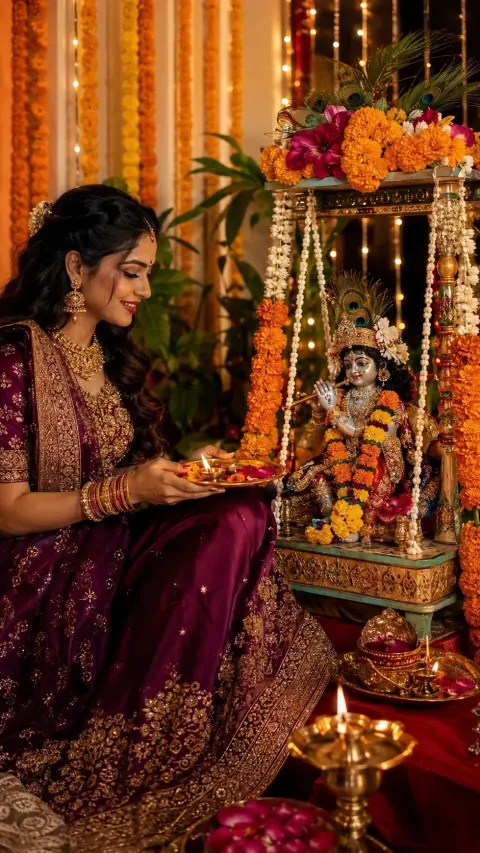 Janmashtami Woman Beside Krishna Shrine