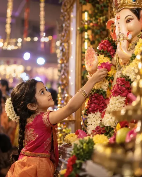 Little Girl's Flower Offering To Ganesha
