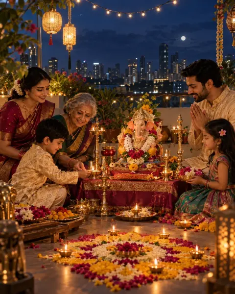 Family Ganesh Puja Under Moonlit Skies