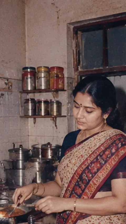 1980s Indian Mother In Kitchen