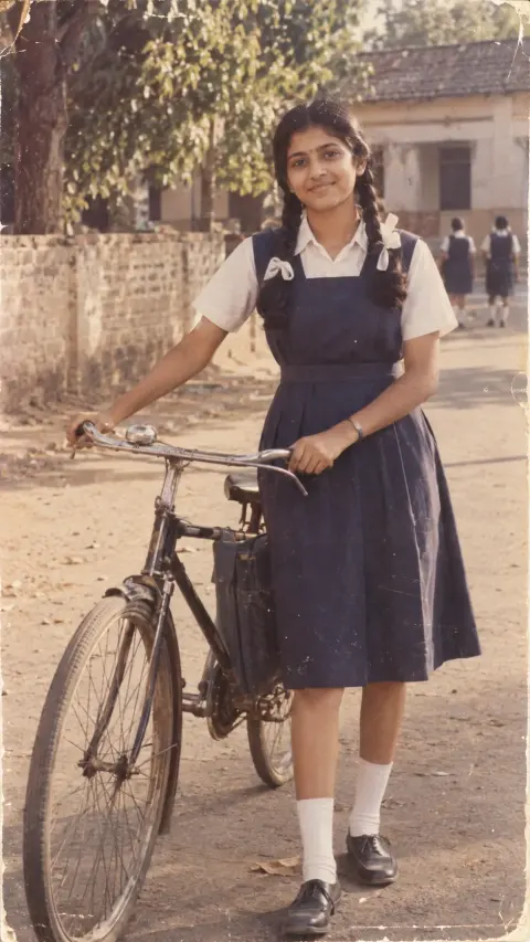 1980s Indian Schoolgirl With Bicycle