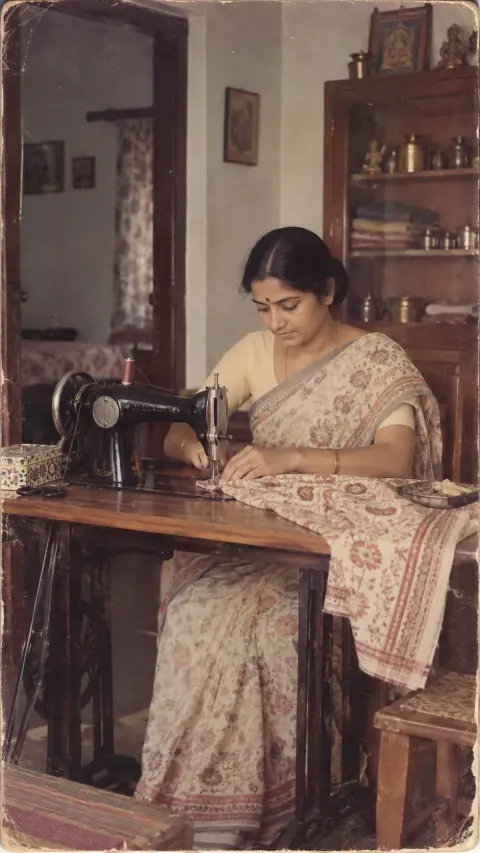 1980s Indian Woman Sewing At Home